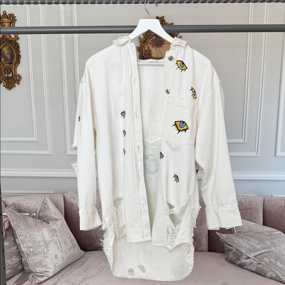 Eye See You Handmade Hand-Painted White Jeans Jacket – Made in Greece - Picture 7 of 17